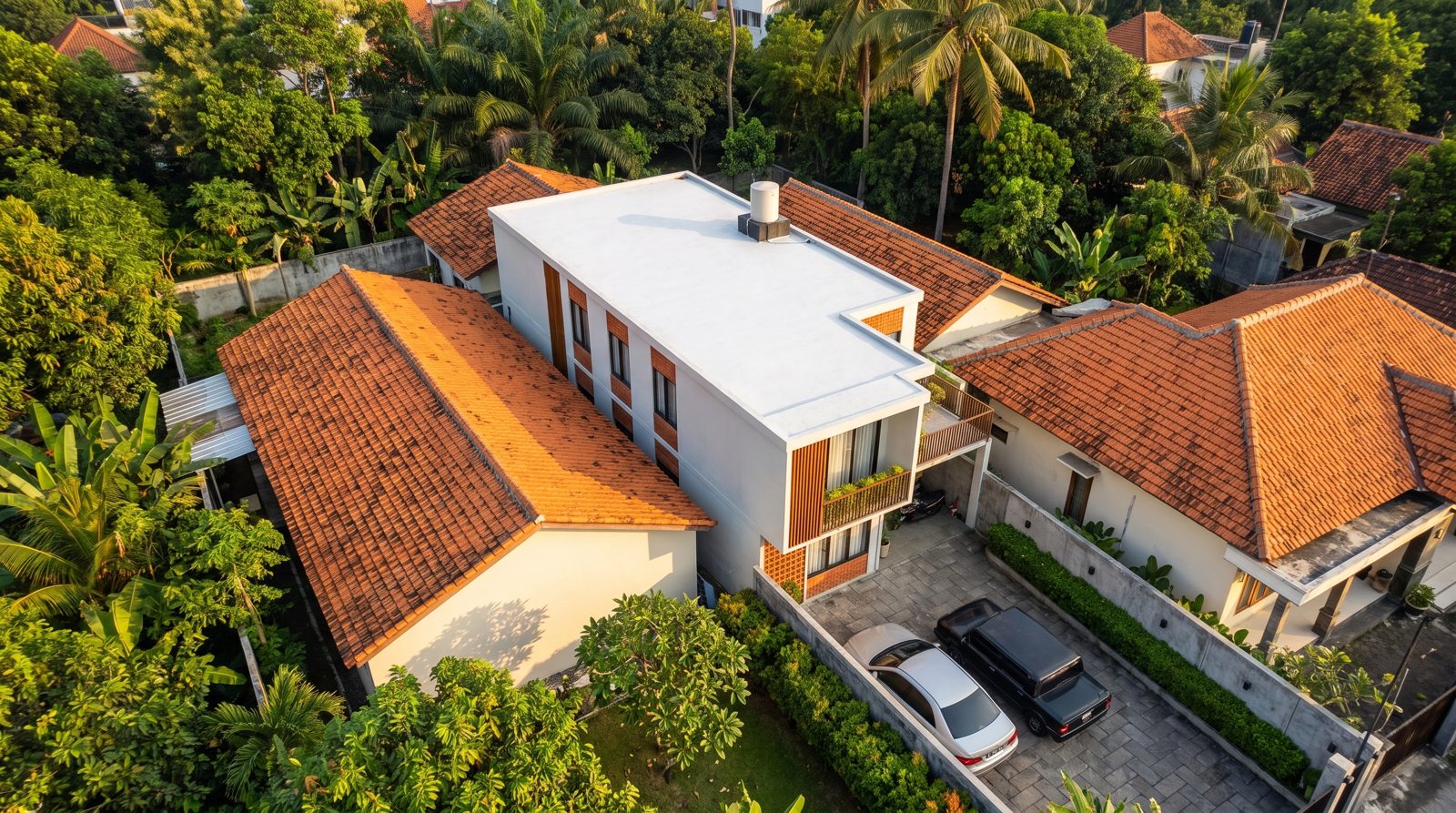 Pandangan udara rumah kos di antara pohon kelapa dan rumah genteng