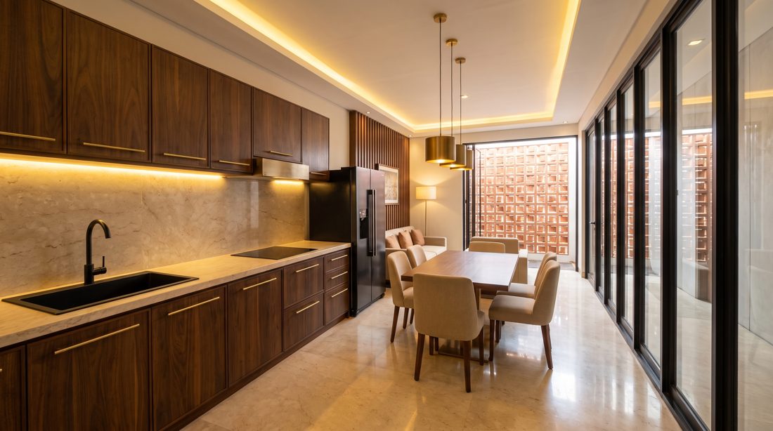 Interior dapur dan ruang makan dengan kabinet kayu