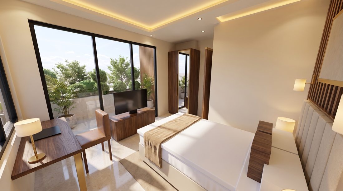 Interior kamar tidur dengan pintu ke balkon