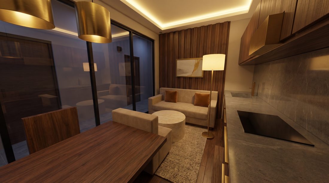 Interior ruang tamu dengan panel kayu dan lampu hangat